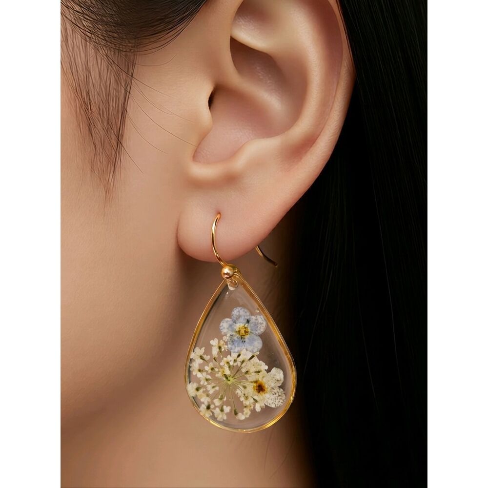 Real Pressed Flower Earrings Resin Botanical Gold Teardrop Cottagecore Gift New